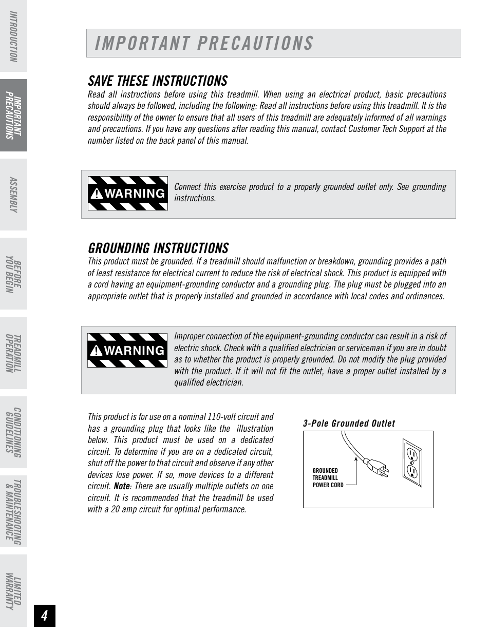 Important precautions, Save these instructions, Grounding instructions | Warning | Horizon Fitness T74 User Manual | Page 4 / 36