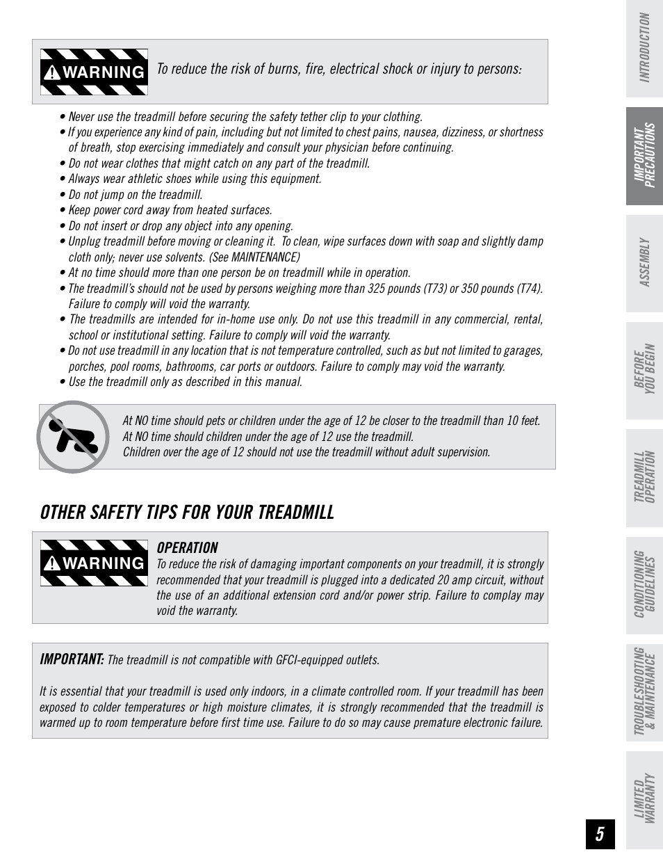 Other safety tips for your treadmill, Warning | Horizon Fitness T74 User Manual | Page 5 / 36