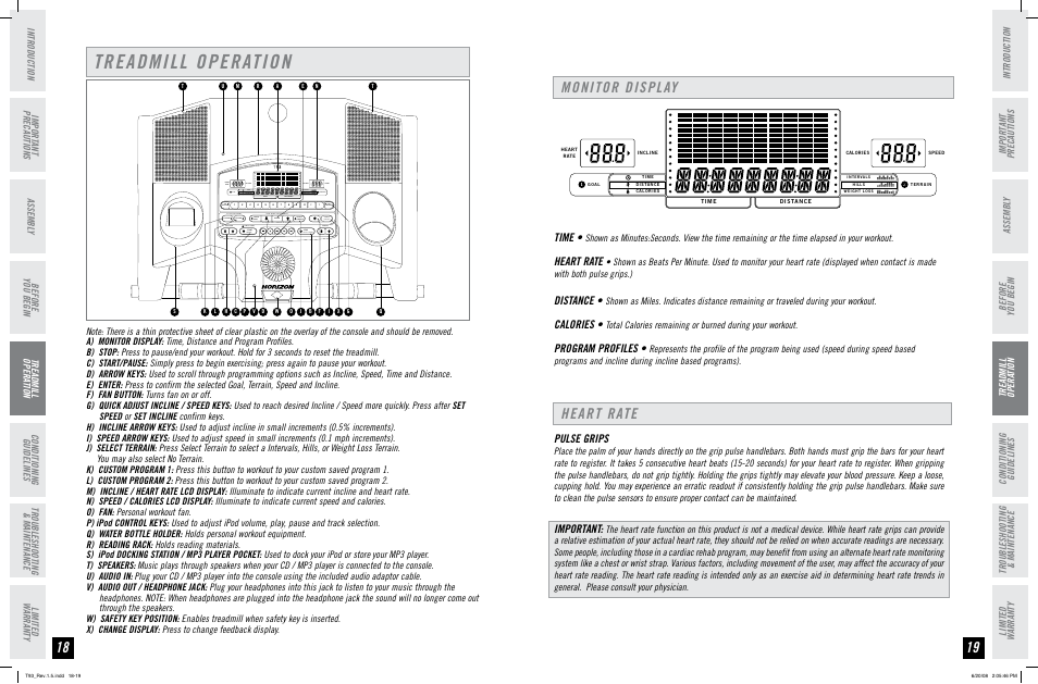 Treadmill operation, Monitor display heart rate, Time | Heart rate, Distance, Calories, Program profiles, Pulse grips, Important | Horizon Fitness T93 User Manual | Page 10 / 19