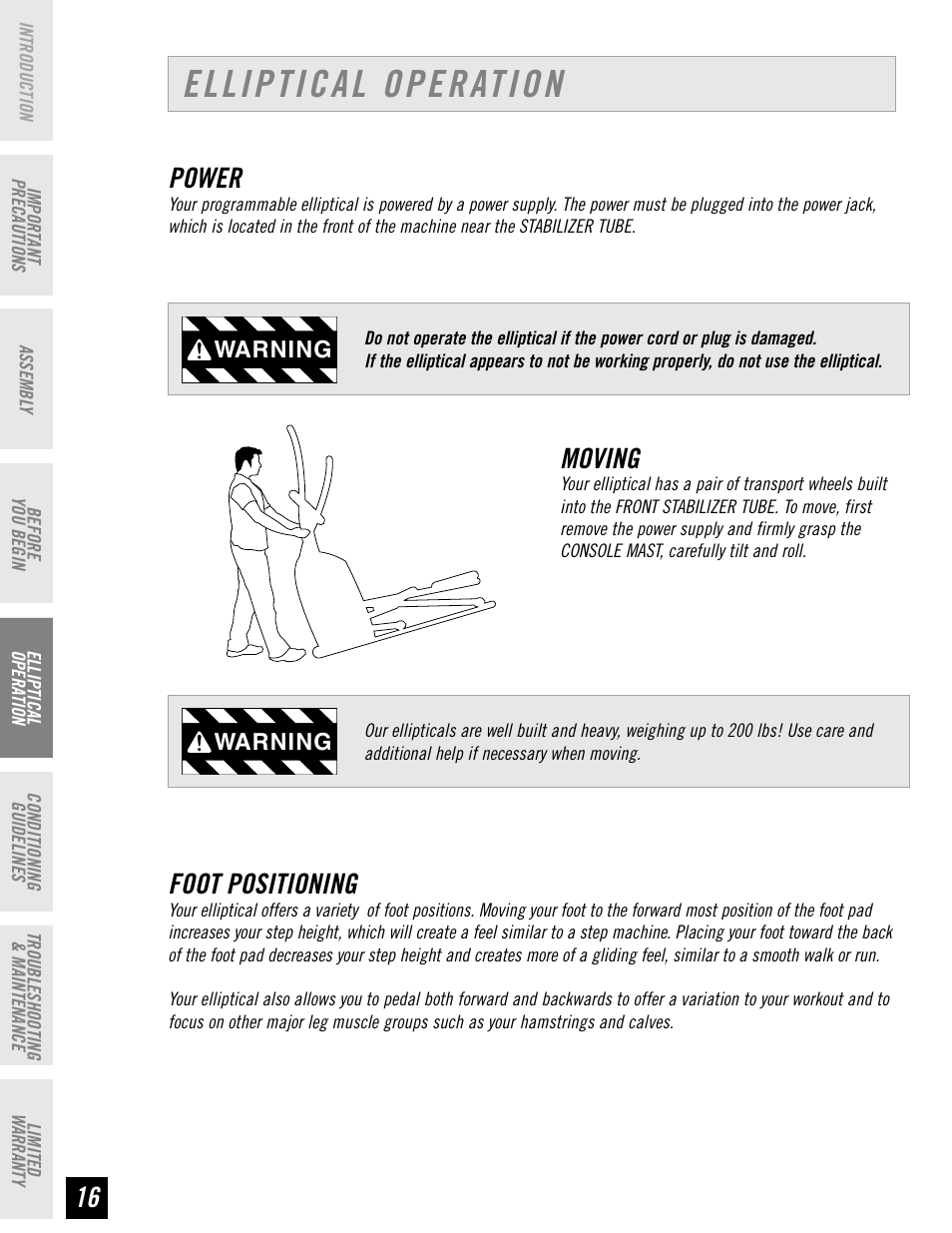 Elliptical operation, Power, Moving | Foot positioning, Warning | Horizon Fitness 4.3E User Manual | Page 16 / 36