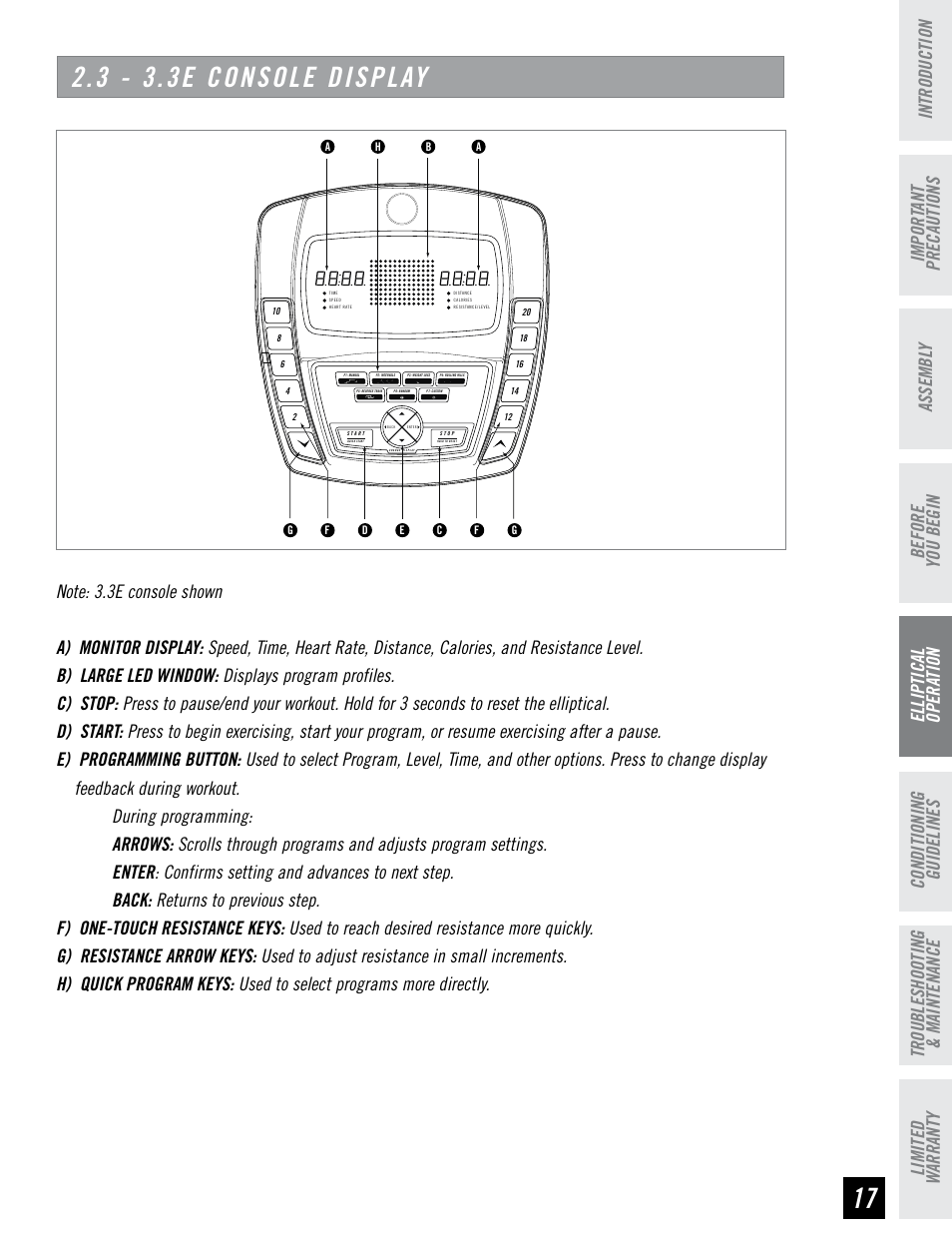 3 - 3.3e console display, Before you begin assembl y | Horizon Fitness 4.3E User Manual | Page 17 / 36