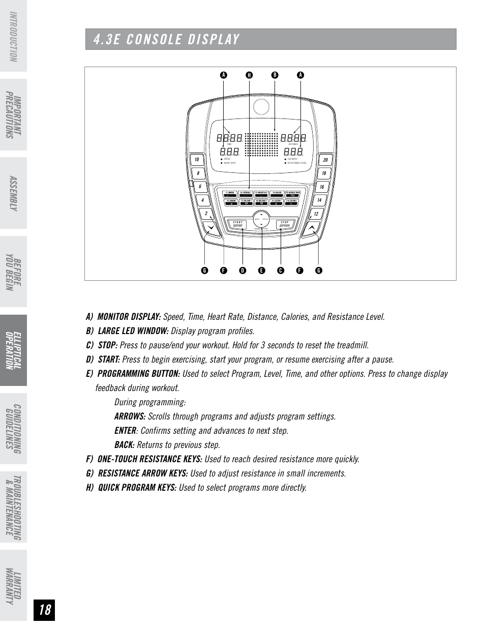 3e console display, Before you begin | Horizon Fitness 4.3E User Manual | Page 18 / 36