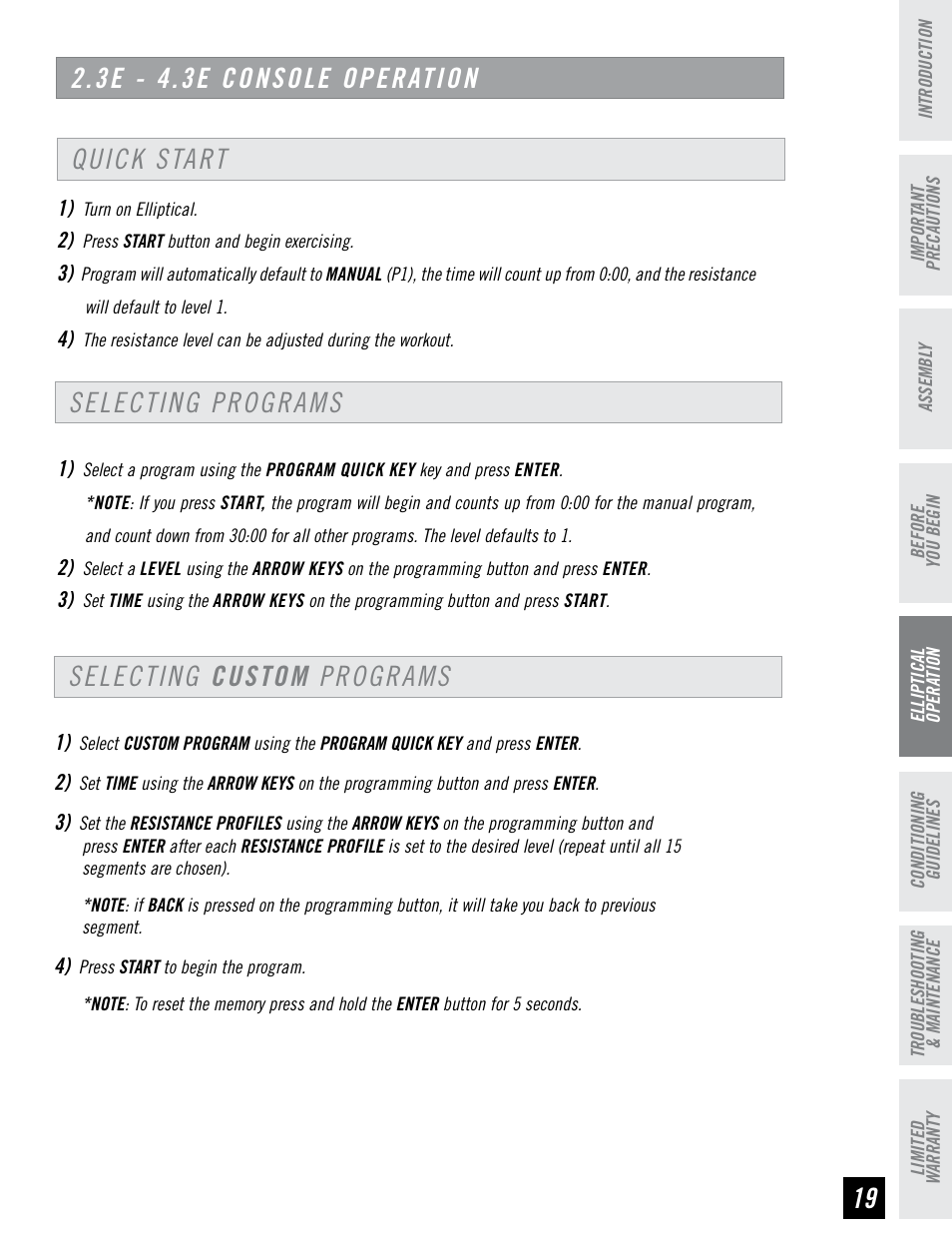 3e - 4.3e console operation, Quick start selecting programs, Selecting custom programs | Horizon Fitness 4.3E User Manual | Page 19 / 36