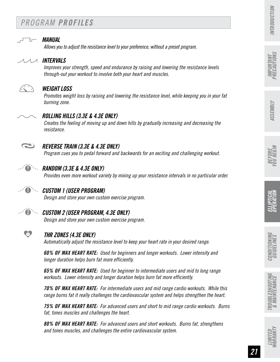 Program profiles, Manual, Intervals | Weight loss, Rolling hills (3.3e & 4.3e only), Reverse train (3.3e & 4.3e only), Random (3.3e & 4.3e only), Custom 1 (user program), Custom 2 (user program, 4.3e only), Thr zones (4.3e only) | Horizon Fitness 4.3E User Manual | Page 21 / 36