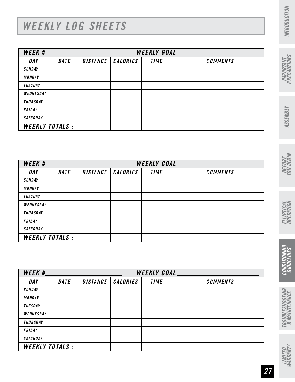 Weekly log sheets | Horizon Fitness 4.3E User Manual | Page 27 / 36