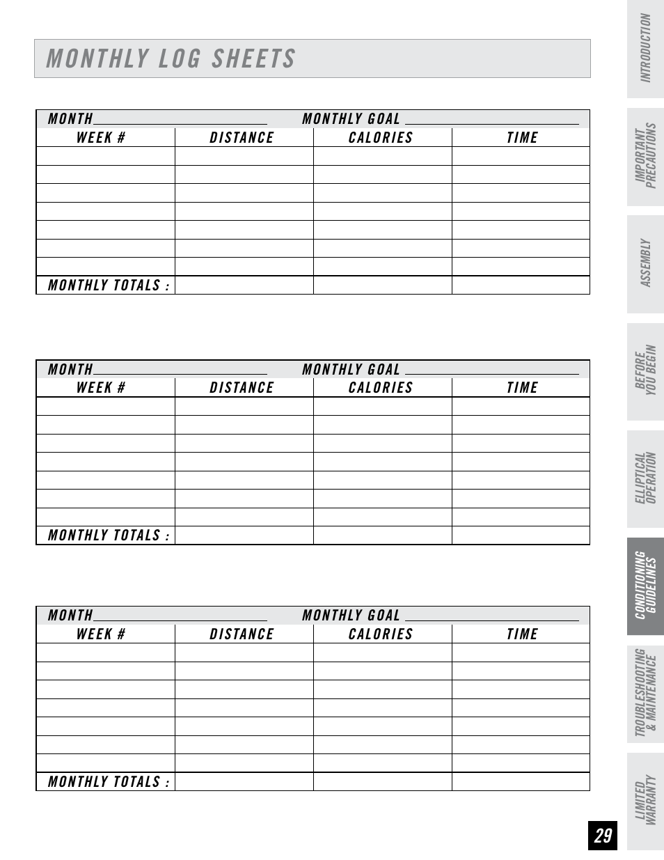 Monthly log sheets | Horizon Fitness 4.3E User Manual | Page 29 / 36