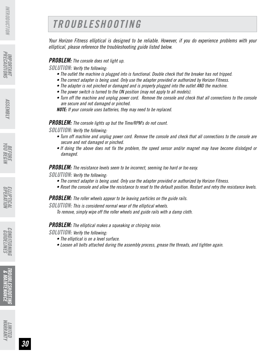 Troubleshooting | Horizon Fitness 4.3E User Manual | Page 30 / 36