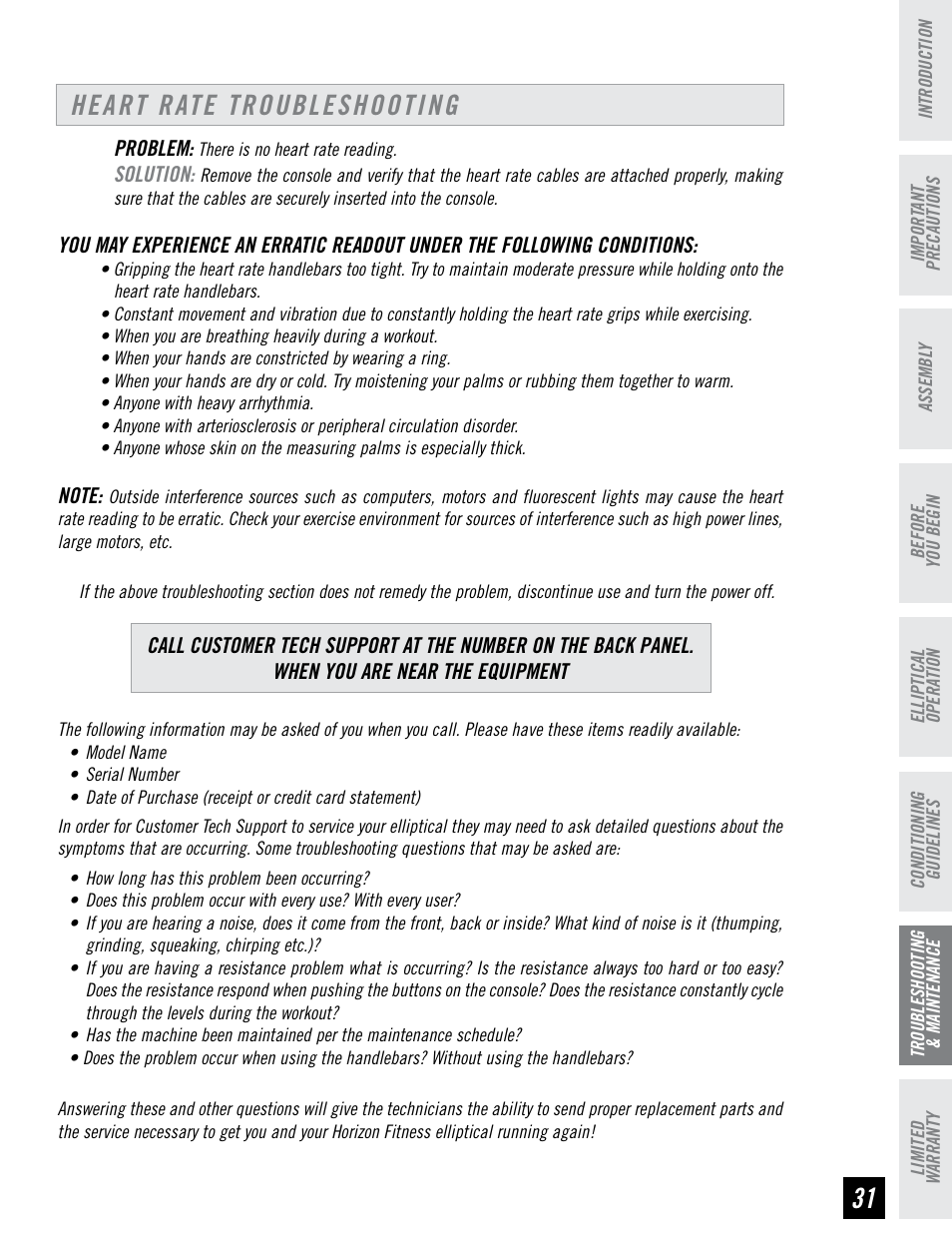Heart rate troubleshooting | Horizon Fitness 4.3E User Manual | Page 31 / 36