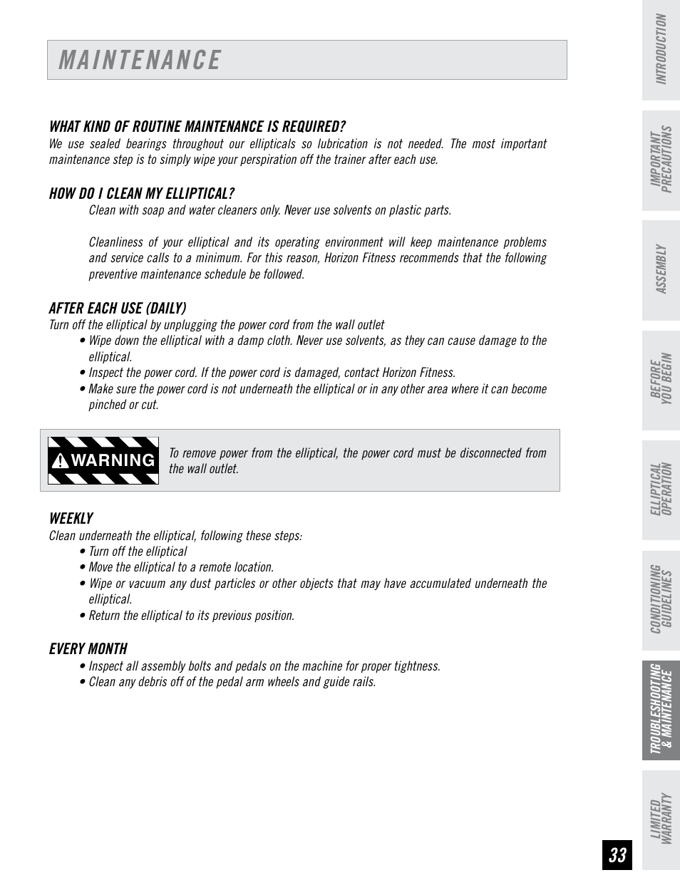 Maintenance, Warning | Horizon Fitness 4.3E User Manual | Page 33 / 36