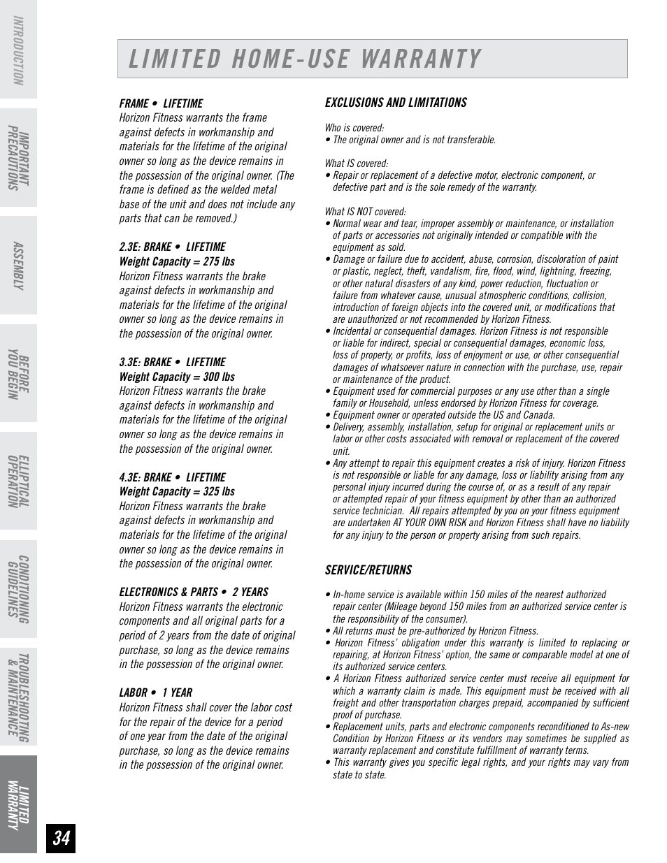 Limited home-use warranty | Horizon Fitness 4.3E User Manual | Page 34 / 36