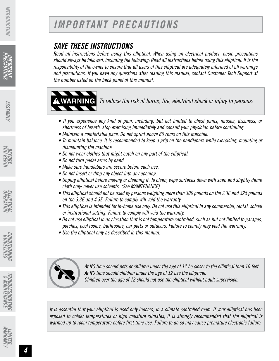 Important precautions, Save these instructions, Warning | Horizon Fitness 4.3E User Manual | Page 4 / 36