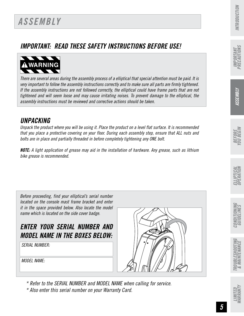 Assembly, Unpacking | Horizon Fitness 4.3E User Manual | Page 5 / 36