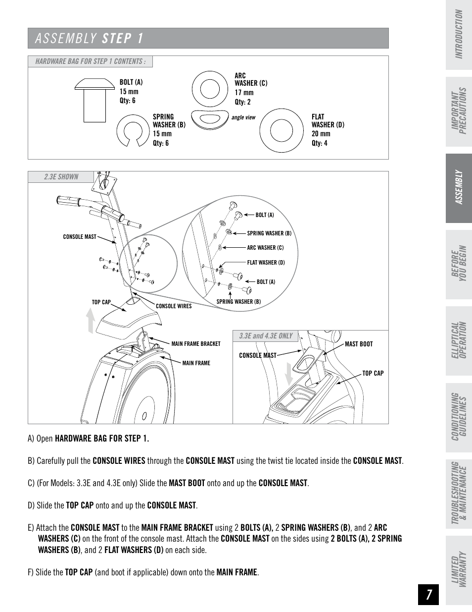 Assembly step 1 | Horizon Fitness 4.3E User Manual | Page 7 / 36