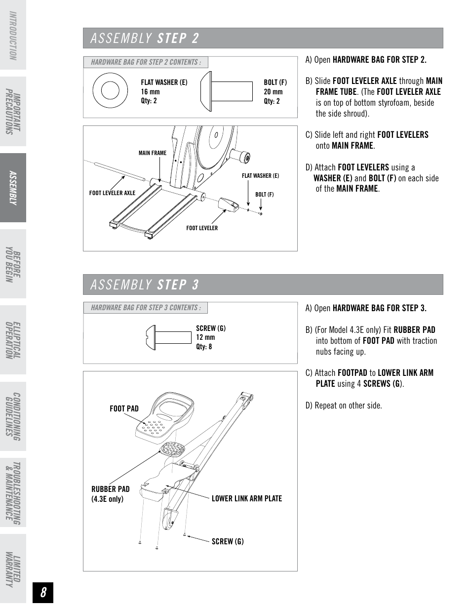 Assembly step 2, Assembly step 3 | Horizon Fitness 4.3E User Manual | Page 8 / 36