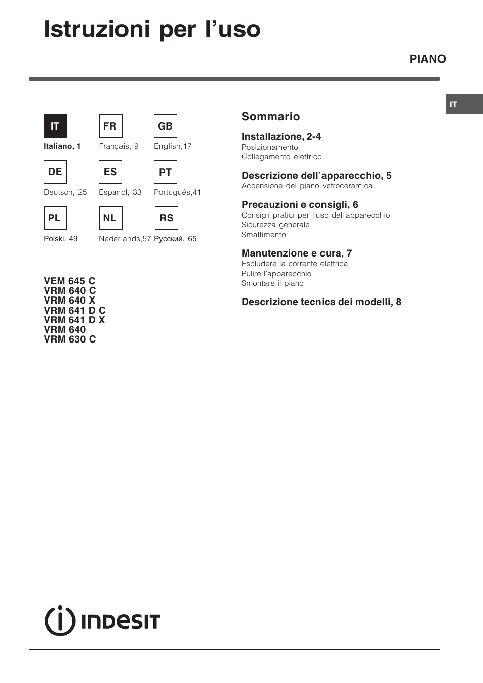 Indesit VEM 645C User Manual | 72 pages