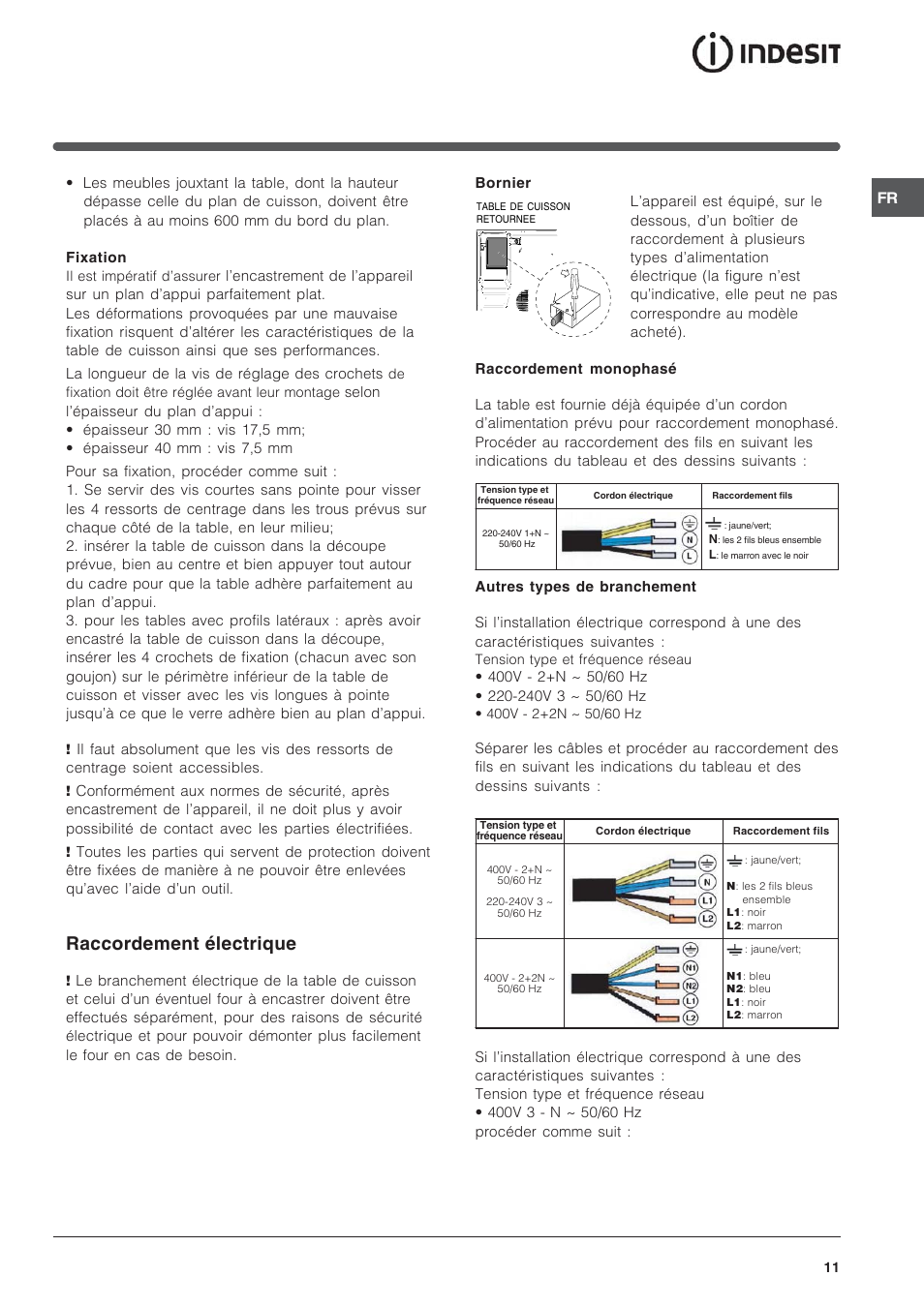 Raccordement électrique | Indesit VEM 645C User Manual | Page 11 / 72