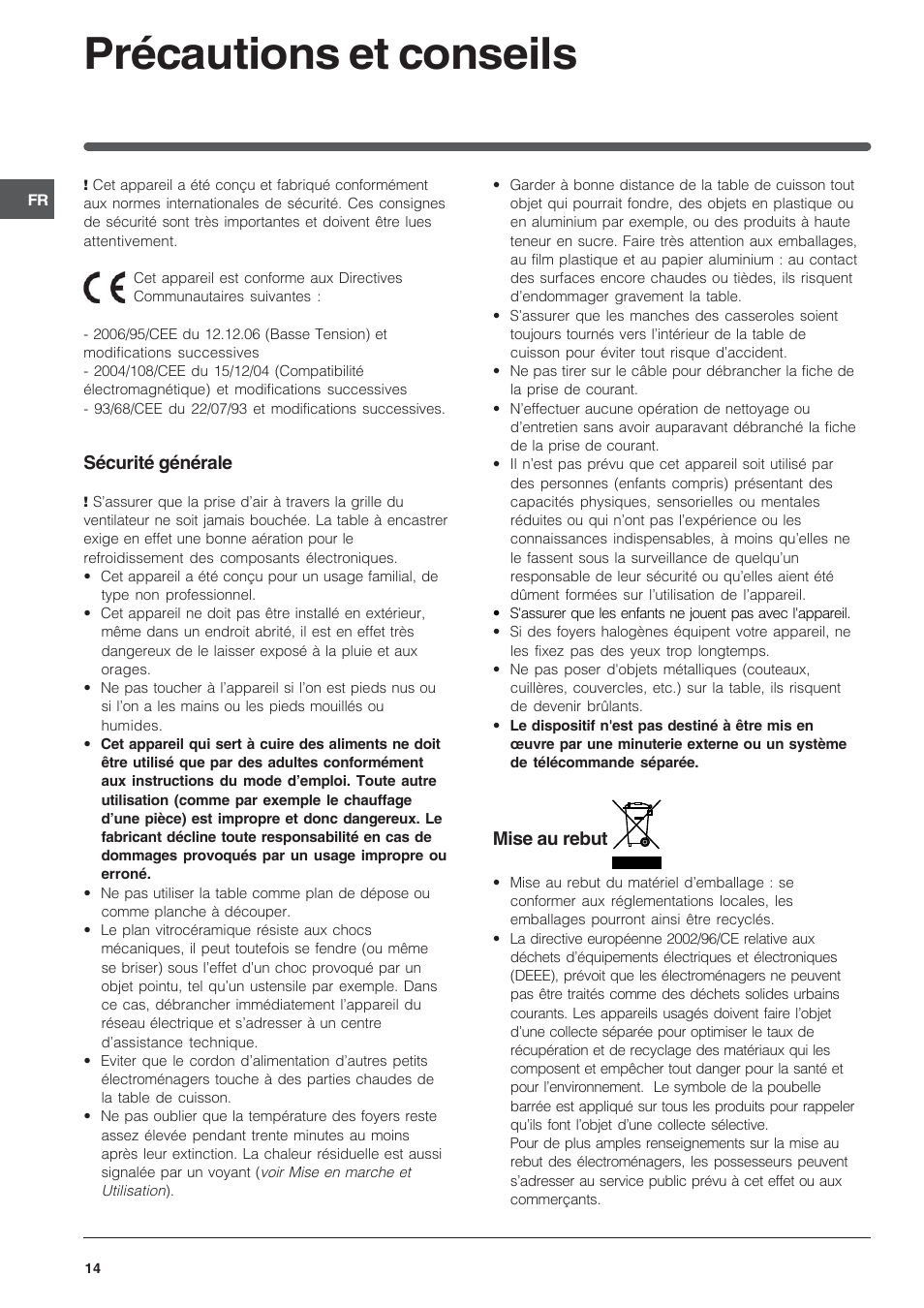 Précautions et conseils | Indesit VEM 645C User Manual | Page 14 / 72