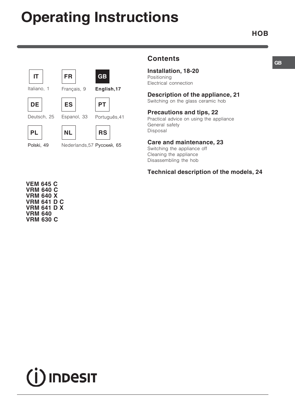 Indesit VEM 645C User Manual | Page 17 / 72