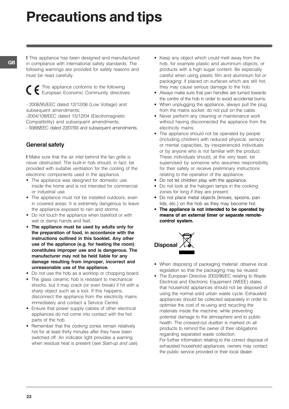 Precautions and tips | Indesit VEM 645C User Manual | Page 22 / 72
