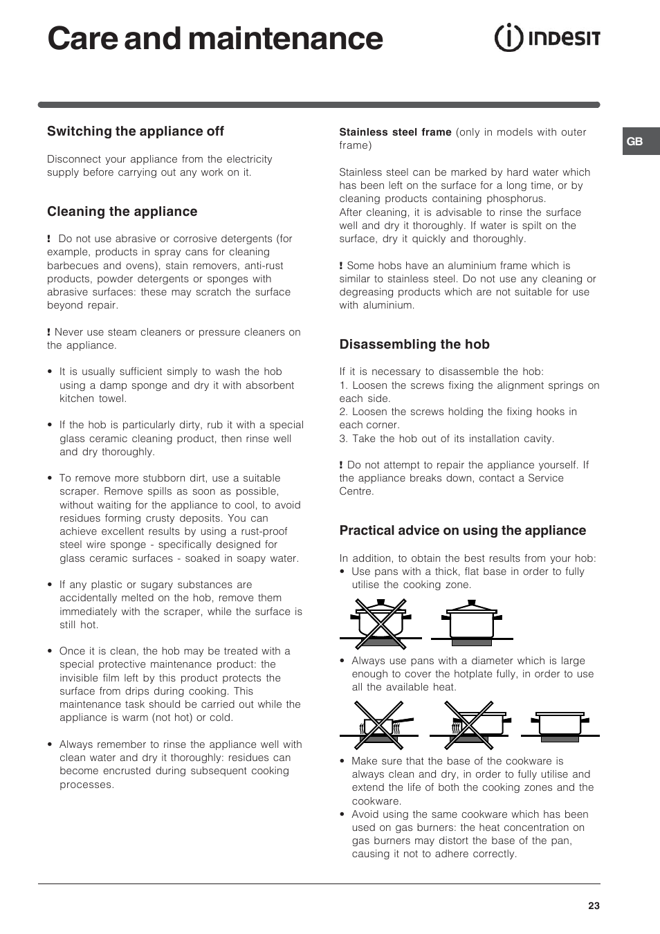 Care and maintenance | Indesit VEM 645C User Manual | Page 23 / 72