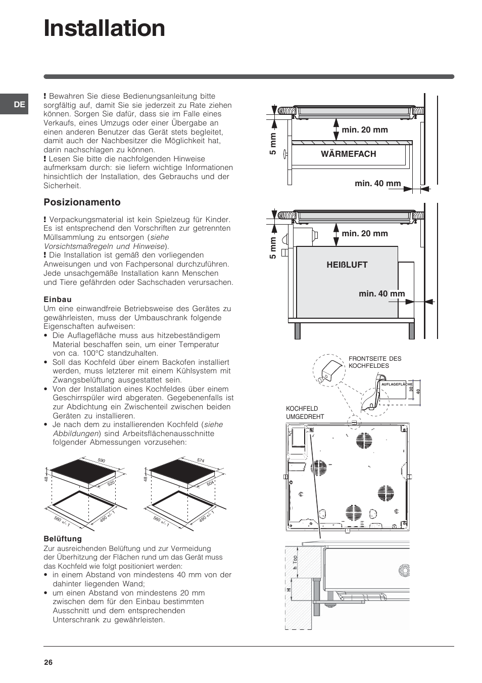 Installation, Posizionamento | Indesit VEM 645C User Manual | Page 26 / 72