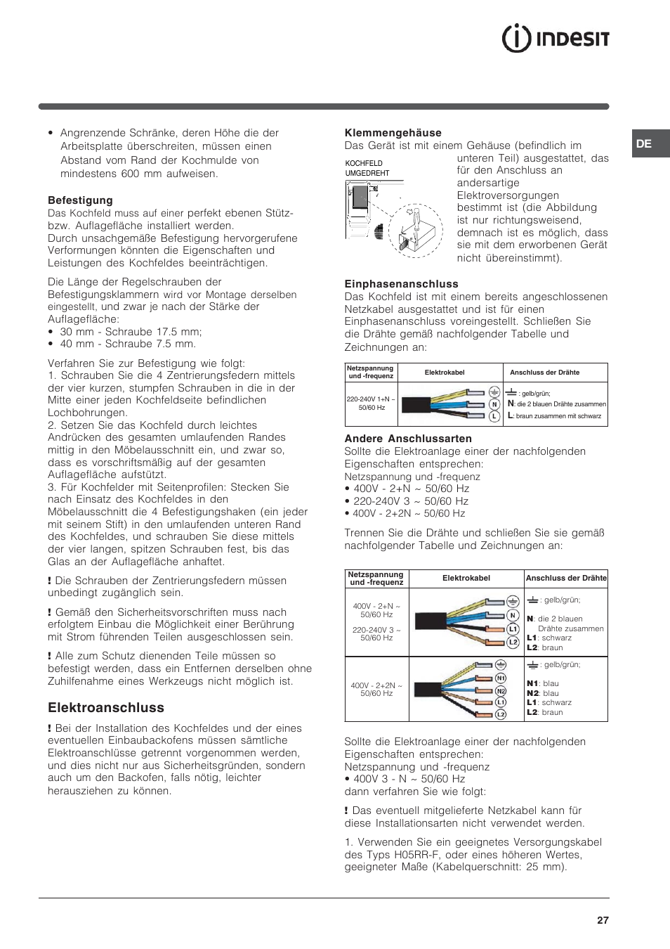 Elektroanschluss | Indesit VEM 645C User Manual | Page 27 / 72