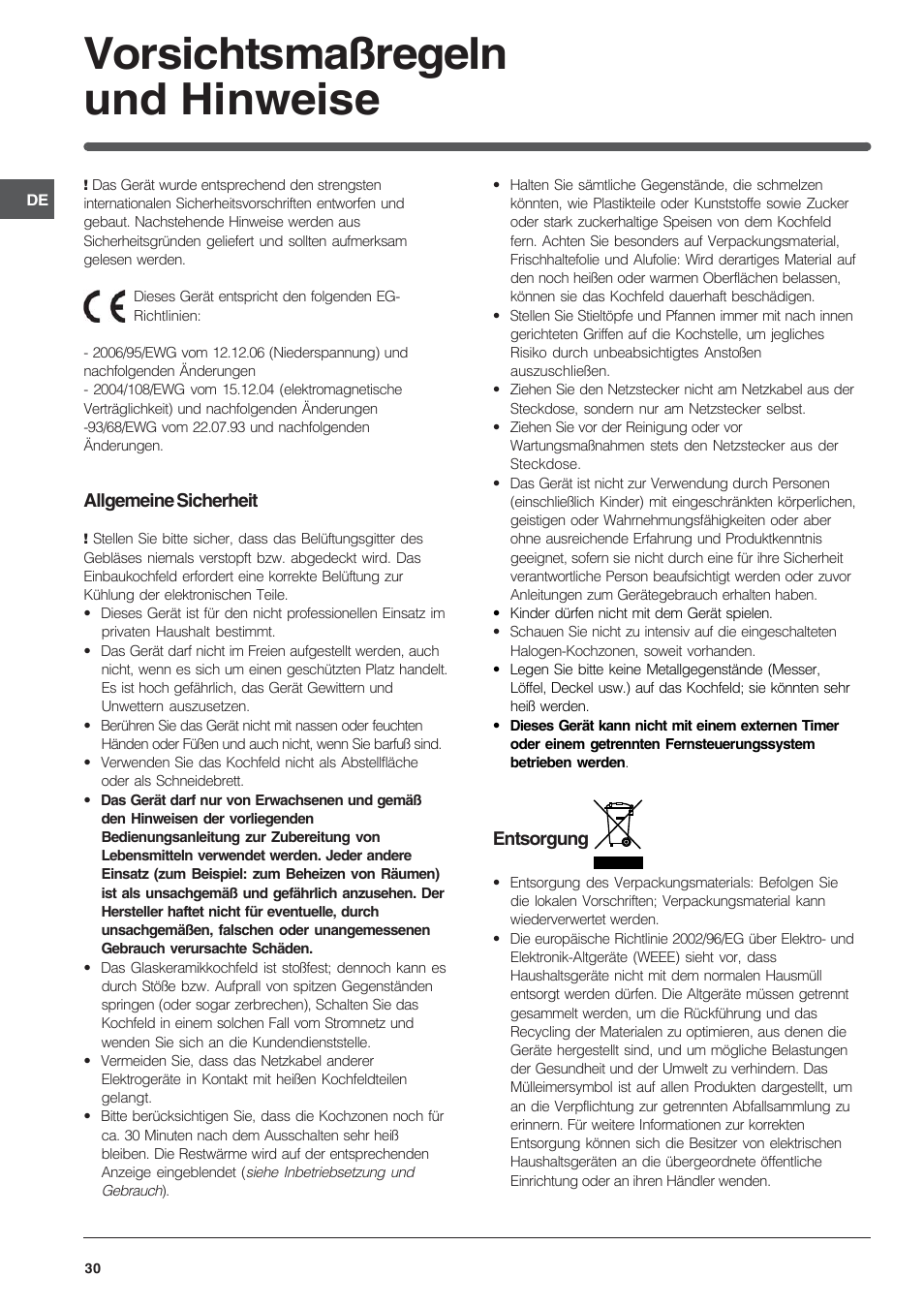 Vorsichtsmaßregeln und hinweise | Indesit VEM 645C User Manual | Page 30 / 72