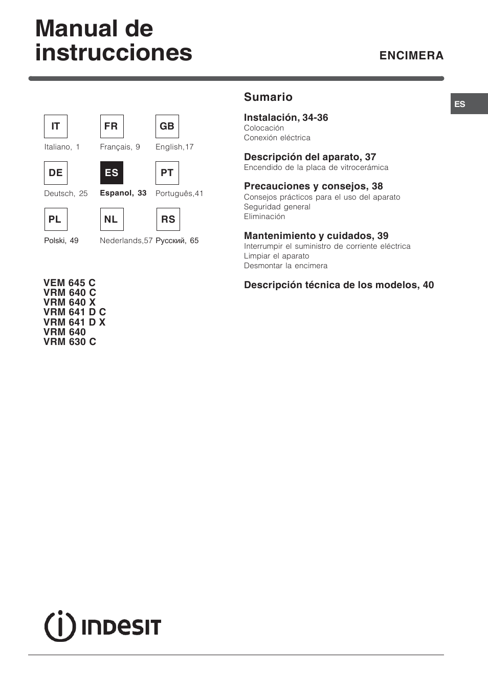 Manual de instrucciones | Indesit VEM 645C User Manual | Page 33 / 72