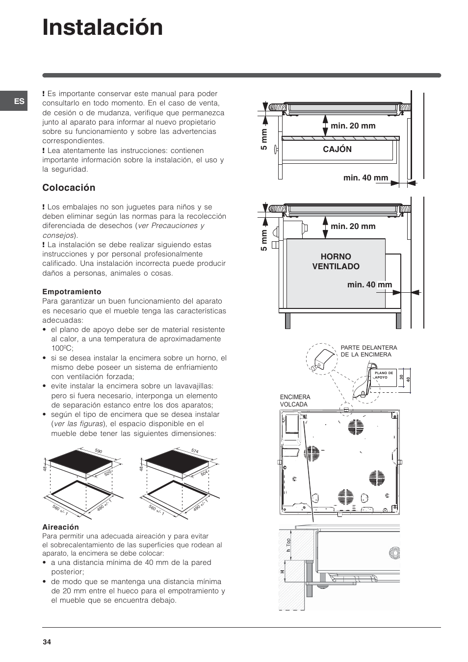 Instalación, Colocación | Indesit VEM 645C User Manual | Page 34 / 72