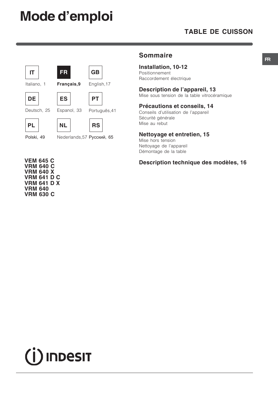 Mode d’emploi, Sommaire, Table de cuisson | Indesit VEM 645C User Manual | Page 9 / 72