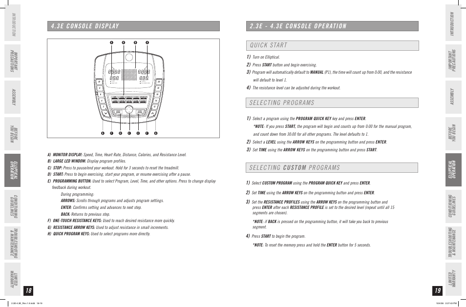 3e console display, 3e - 4.3e console operation, Quick start selecting programs | Selecting custom programs | Horizon Fitness ELITE SERIES 4.3E User Manual | Page 10 / 19