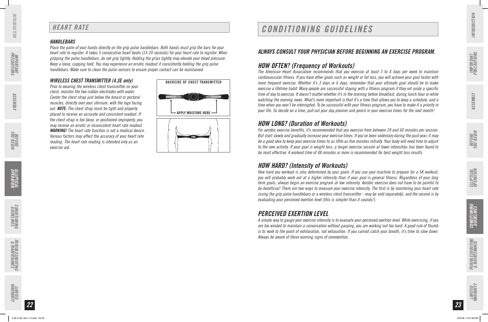 Conditioning guidelines, Heart rate, How often? (frequency of workouts) | How long? (duration of workouts), How hard? (intensity of workouts), Perceived exertion level | Horizon Fitness ELITE SERIES 4.3E User Manual | Page 12 / 19