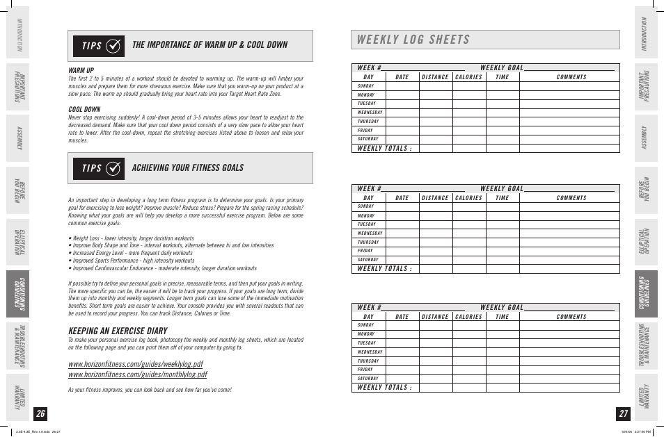 Weekly log sheets, Keeping an exercise diary | Horizon Fitness ELITE SERIES 4.3E User Manual | Page 14 / 19