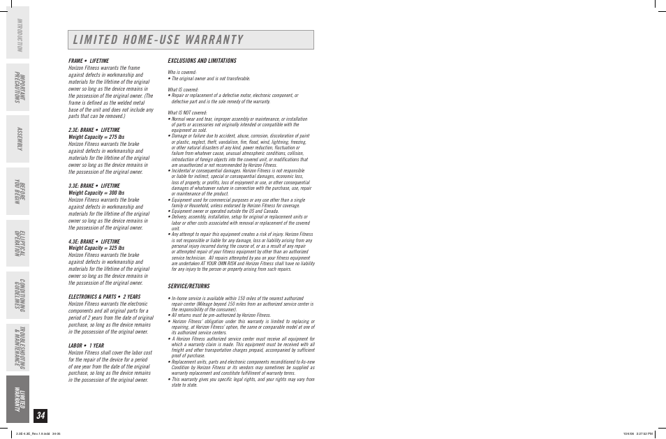 Limited home-use warranty | Horizon Fitness ELITE SERIES 4.3E User Manual | Page 18 / 19