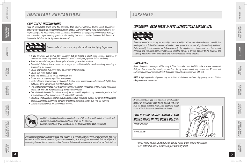 Important precautions, Assembly, Save these instructions | Unpacking, Warning | Horizon Fitness ELITE SERIES 4.3E User Manual | Page 3 / 19