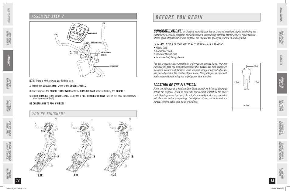 Before you begin, You’re finished! assembly step, Location of the elliptical | Horizon Fitness ELITE SERIES 4.3E User Manual | Page 8 / 19
