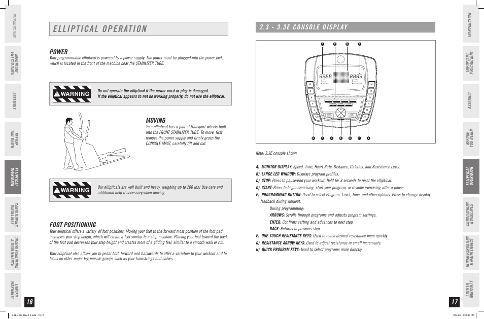 Elliptical operation, Power, Moving | Foot positioning, 3 - 3.3e console display, Warning | Horizon Fitness ELITE SERIES 4.3E User Manual | Page 9 / 19