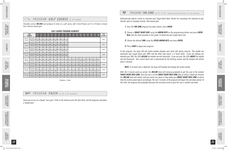 Program: golf course, Program: pacer, Program: thr zone | Golf course program segments, 3t model), 3t, 5.3t models), 3t, 5.3t) | Horizon Fitness 2.3T User Manual | Page 12 / 19