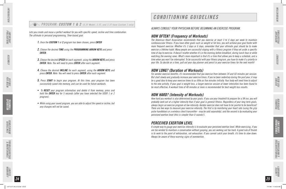 Conditioning guidelines, How often? (frequency of workouts), How long? (duration of workouts) | How hard? (intensity of workouts), Perceived exertion level, Program: custom 1 & 2 | Horizon Fitness 2.3T User Manual | Page 13 / 19