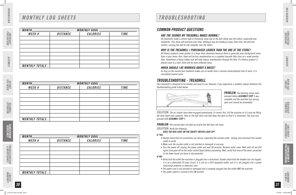 Monthly log sheets, Troubleshooting, Common product questions | Troubleshooting - treadmill | Horizon Fitness 2.3T User Manual | Page 16 / 19