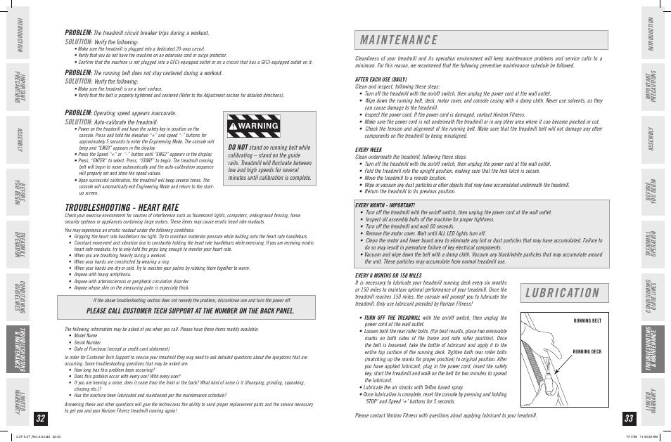 Maintenance, Lubrication, Troubleshooting - heart rate | Warning, Problem, Solution, Do not | Horizon Fitness 2.3T User Manual | Page 17 / 19