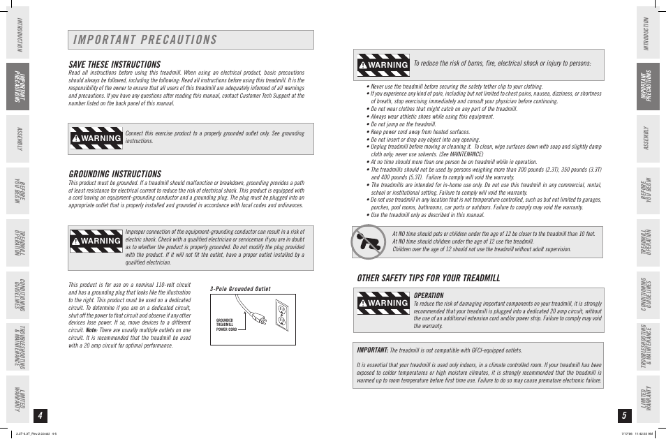 Important precautions, Other safety tips for your treadmill, Save these instructions | Grounding instructions, Warning | Horizon Fitness 2.3T User Manual | Page 3 / 19