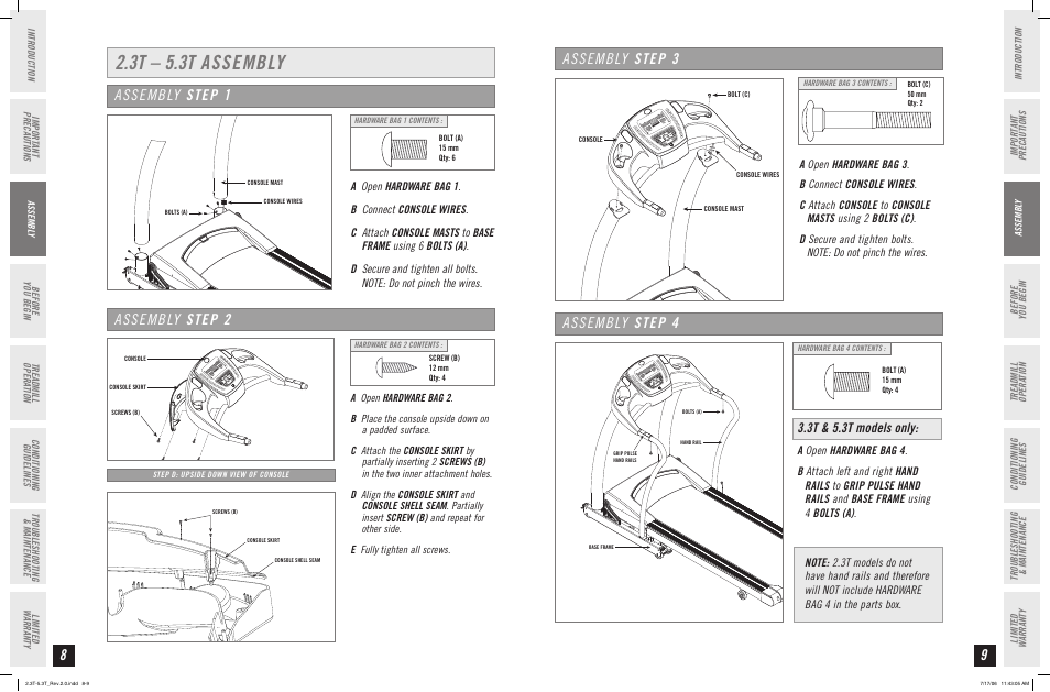 3t – 5.3t assembly, Assembly step 3, Assembly step | Assembly step 1, Assembly step 2, 3t & 5.3t models only | Horizon Fitness 2.3T User Manual | Page 5 / 19