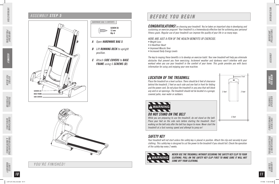 Before you begin, Location of the treadmill, Safety key | You’re finished! assembly step 5, Do not stand on the belt, Warning | Horizon Fitness 2.3T User Manual | Page 6 / 19