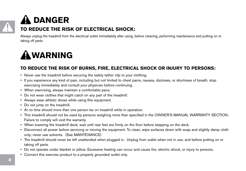 Warning, Danger | Horizon Fitness CT9.1 User Manual | Page 4 / 88