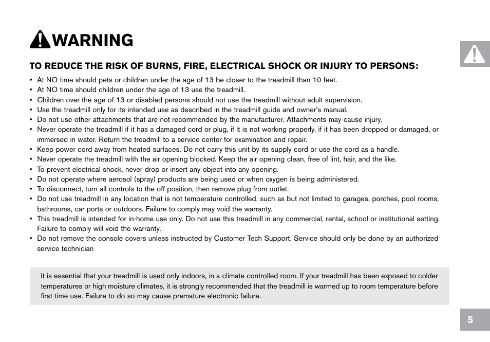 Warning | Horizon Fitness CT9.1 User Manual | Page 5 / 88