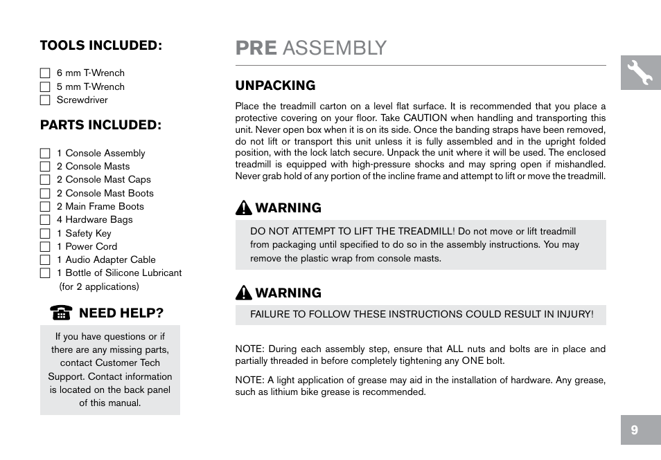 Pre assembly, Warning unpacking, Warning need help | Tools included, Parts included | Horizon Fitness CT9.1 User Manual | Page 9 / 88