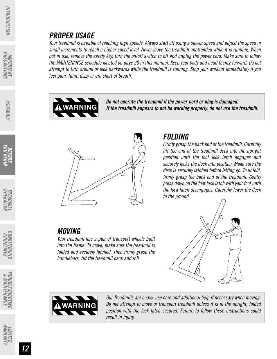 Proper usage, Folding, Moving | Warning | Horizon Fitness T95 User Manual | Page 12 / 32