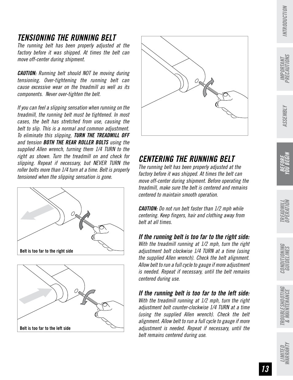 Centering the running belt, Tensioning the running belt | Horizon Fitness T95 User Manual | Page 13 / 32
