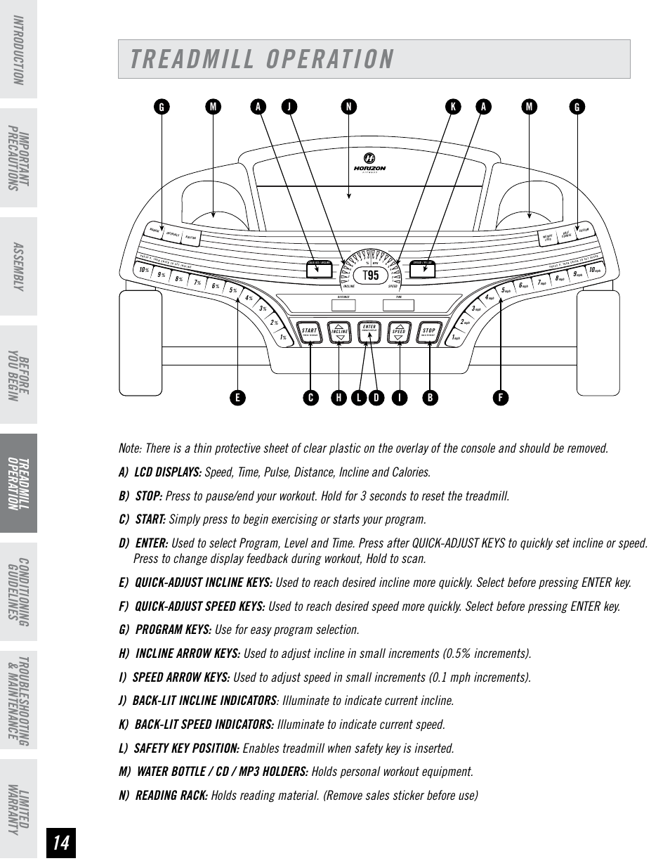Treadmill operation | Horizon Fitness T95 User Manual | Page 14 / 32